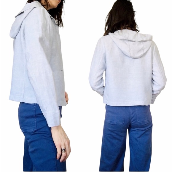 VTG Ice Blue Linen Cropped Zip Up Hoodie Front Pockets Beach Coastal SZ 5/6 XS-M - Picture 3 of 11